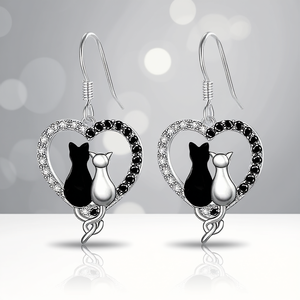 Silver Cat Heart <b>Earrings</b> Rhodium Plated 925 Sterling Silver <b>Black</b> Stone Drop <b>Earrings</b> <b>For</b> <b>Women</b> Everyday Wear - Product Image 2