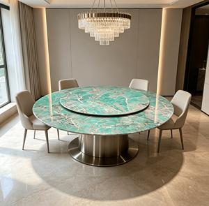 Table à manger ronde de luxe en marbre vert avec plateau tournant Lazy Susan, design moderne, base en métal, mobilier de maison, 4 places, garantie 1 an - Product Image 5
