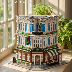 Ensemble de construction de bâtiment d'angle européen à 3 étages, modèle de pub-restaurant classique en briques avec balcon et cabine téléphonique, cadeau d'architecture DIY - Product Image 3