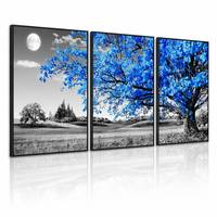 Lot de 3 tableaux encadrés sur toile, motif arbre bleu, cadre noir, paysage nocturne éclairé par la lune, triptyque, photographie artistique de nuit
