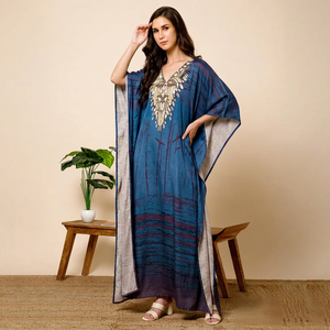 Vestido Largo Kaftan de Rayón Estampado Azul para Mujer, Marca HitJem Export, Corte Holgado, Manga Larga, Elegante, Estilo Línea A, Ropa de Verano - Product Image 1