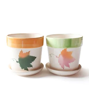 Custom logo Canada maple leaf decal pattern ceramic pots decorative living room round ceramic succulent pot with tray