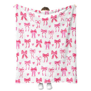Wholesale <b>Pink</b> <b>Bow</b> Coquette Aesthetic Ribbon Floral Cherry Throw Blanket High Quality Customized Fleece Flannel Blankets - Product Image 5