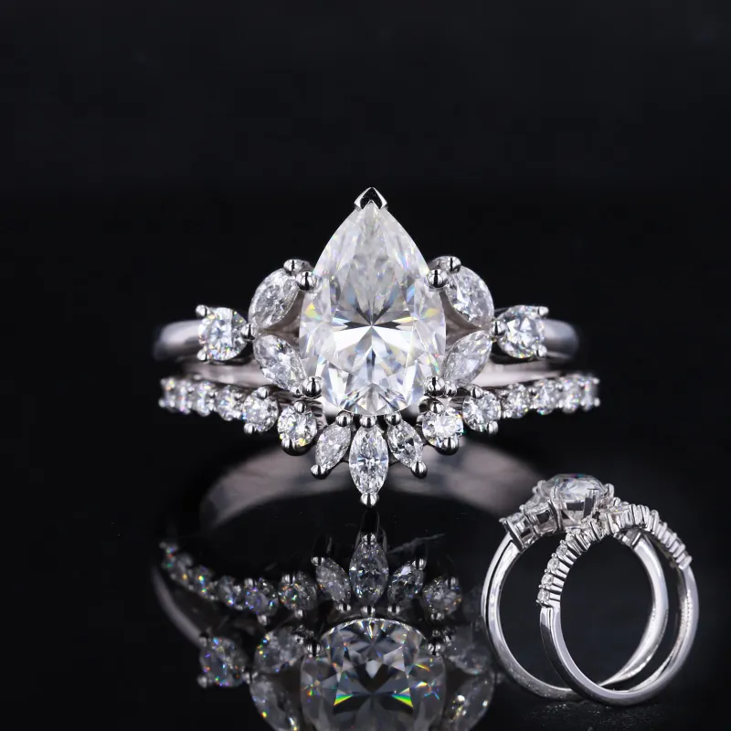 14k 18k white solid gold luxury style popular design pear cut moissanite engagement ring set