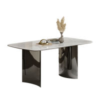 Table à manger rectangulaire moderne en pierre microcristalline avec base en acier inoxydable noir titane finition haute brillance