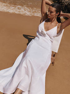 Robe midi vintage élégante en lin pour femme, coupe droite, style A, respirante, taille naturelle, bretelles fines, ODM - Product Image 5