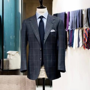 <span class=keywords><strong>Costume</strong></span> d'affaires pour <span class=keywords><strong>homme</strong></span> bleu foncé à carreaux, simple boutonnage, respirant, en laine italienne VBC Super 110's, fait main, <span class=keywords><strong>demi</strong></span>-couture - Product Image 1