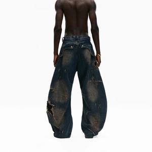 Pantalones vaqueros de calle desgastados lavados Vintage para <span class=keywords><strong>hombre</strong></span>, pantalones vaqueros de pierna ancha bordados <span class=keywords><strong>con</strong></span> decoración de agujeros, Patchwork, lavado sucio - Product Image 5