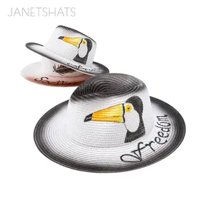 Sombreros de paja personalizados planos de ala ancha para hombres y mujeres, sombreros de paja con diseño de animales pintados a mano, sombrero de paja para el sol Panamá Beach Jazz