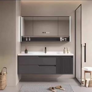Meuble de salle de bain en bois massif style crème avec lavabo intégré en céramique - Product Image 4