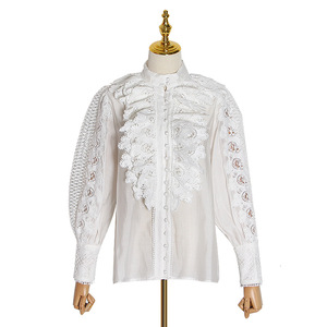 Camicie Traforate da Donna con Collo Alto, Maniche a Lanterna, Patchwork in <span class=keywords><strong>Pizzo</strong></span> e Rete, Vestibilità Ampia, Abbigliamento Autunnale 2024 - Product Image 2