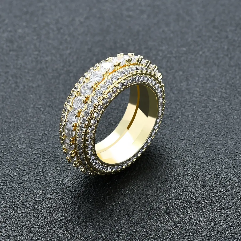New Trend 3Row Cubic Zirconia Stone Iced Out Hip Hop Rotatable Ring Fashion Brass Plated Real Gold Ring For Men Women Jewelry