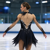 Robe de patinage artistique pour enfants et adultes, col en plumes, manches longues en maille, dos orné de strass, pour compétition et spectacle de patinage sur glace
