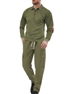 2026 traje de ropa de trabajo deportiva Vintage para hombre, informal, transfronterizo, de dos piezas, cuello vuelto, manga larga, Color sólido, transpirable, suelto - Product Image 6