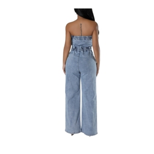 Mono vaquero casual de mujer estilo urbano sexy sin tirantes con pierna ancha a la moda - Product Image 3