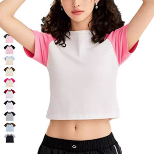 2025 Nueva camiseta para mujer 230GSM, recortada, raglán, bloque de color, informal - Product Image 3