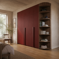 Armoire de chambre à coucher sur mesure de style italien moderne avec portes laquées bordeaux et étagères ouvertes en noyer