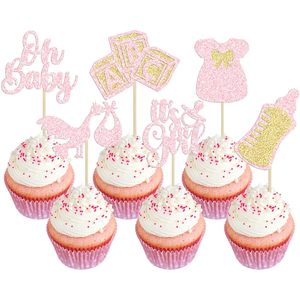 Adornos para Cupcakes 'Oh Baby', Adornos para Cupcakes 'It's Girl' con Purpurina Rosa, Decoraciones para Pastel para Baby Shower, Fiesta de Cumpleaños de Niña - Product Image 1