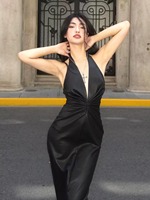 Robe longue noire élégante pour femme, col halter plongeant en V, taille froncée, dos nu, moulante, pour soirée, vente en gros, personnalisable