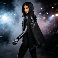 Damen Skelett-Kostüm Silberner Knochen-Print Jumpsuit mit Umhang Halloween Faschingskostüm