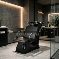 Chaise de lavage ergonomique en cuir PU avec lavabo en céramique noir, chaise de lavage confortable pour salon de coiffure, station de lavage pour salon de coiffure
