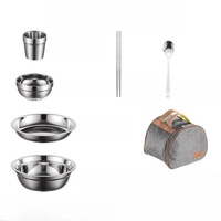 304 ensemble de vaisselle jetable en acier inoxydable-bols assiettes baguettes pour camping en plein air et barbecue équipement complet