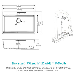 Ensemble d'évier de cuisine moderne sous plan 33x19 pouces, évier simple en <span class=keywords><strong>granit</strong></span> composite de quartz noir avec égouttoir - Product Image 6