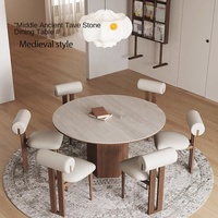 Table à manger ronde extensible moderne avec plateau en dalle de roche et pieds en bois pour la maison et la restauration