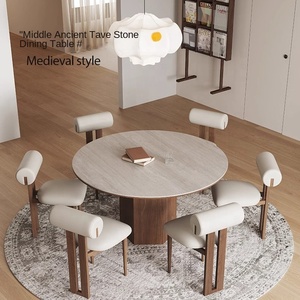 Moderner Ausziehbarer Runder Esstisch mit Steinplatte und Holzbeinen für Zuhause und Gastronomie - Product Image 1