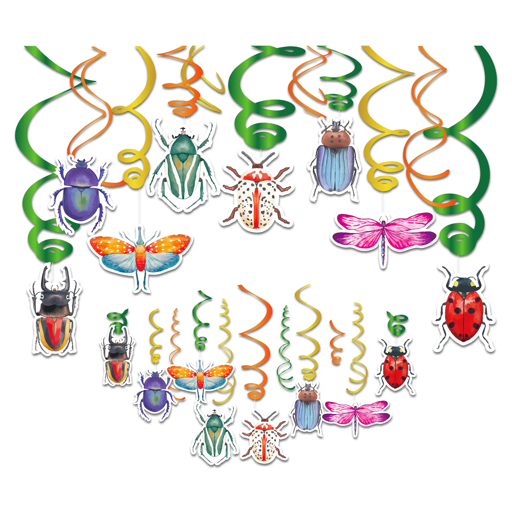 XL189 çocuklar parti dekorasyon kağıdı böcek tasarım asılı folyo Swirls böcek parti için Set