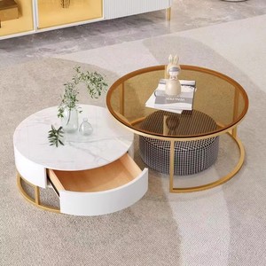 Juego de Mesas de Centro Nórdicas Modernas para Sala de Estar con Patas Doradas, Cubierta de Mármol y Gabinetes de Almacenamiento, <span class=keywords><strong>Muebles</strong></span> de Vidrio para el Hogar - Product Image 4