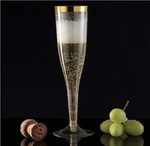 Di plastica usa e getta bicchieri di champagne con glitter oro con oro-eleganza con la montatura nera, anniversario di matrimonio e da pranzo eventi - Product Image 2