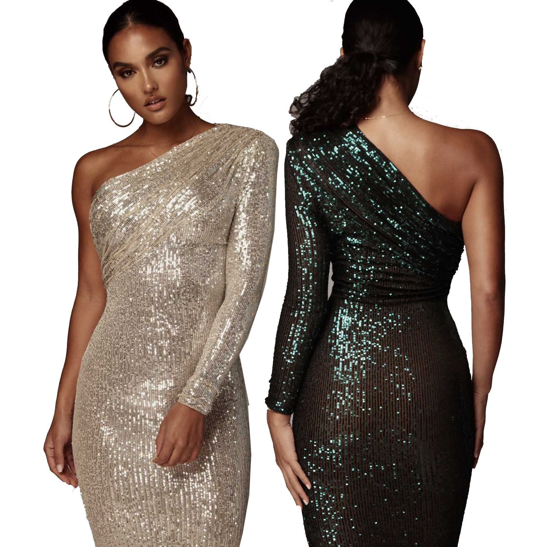 Golden Black Asymmetric one shoulder single sleeve teal sequin fashion dress evening dresses sequin dress
