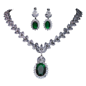 Ensemble collier et boucles d'oreilles pour femme en argent plaqué, avec zircon vert ovale et motif floral en cristal, pour mariage, bijoux classiques - Product Image 1