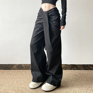 Pantalons à jambes larges pour femmes européennes et américaines, design asymétrique à la taille croisée, coupe ample, drapé, amincissant, décontracté - Product Image 6