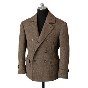 <b>Brown</b> <b>Wool</b> Double Breasted Men's Blazer with Notch Lapel and Cuff Buttons Embossed Logo British Style Adult Size - Product Image 1
