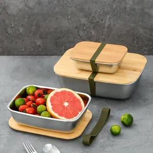 Caja de comida de almuerzo Bento Tiffin de acero inoxidable con cubierta de bambú de estilo fresco