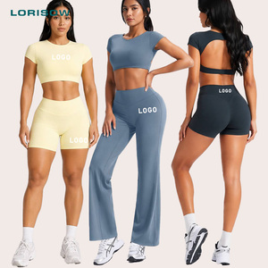 Conjunto Deportivo LORISOW Personalizado con Camiseta de Manga Corta y <span class=keywords><strong>Pantalones</strong></span> de Yoga Acampanados <span class=keywords><strong>para</strong></span> <span class=keywords><strong>Mujer</strong></span>, Ropa Deportiva <span class=keywords><strong>para</strong></span> Gimnasio - Product Image 1