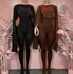 Combinaison décontractée pour femme Viviblook Z1226JP01, plissée, ajustée, col rond, manches bouffantes, une pièce - Product Image 1