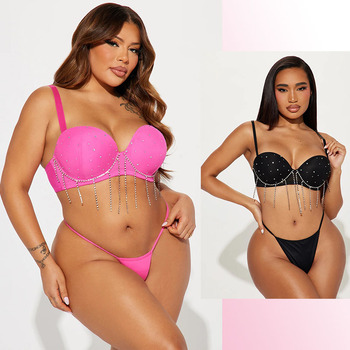 Hot custom logo high quality lady fashion mature sexy pink bikini plump fat big plus size sparkle rhinestone bra women lingerie