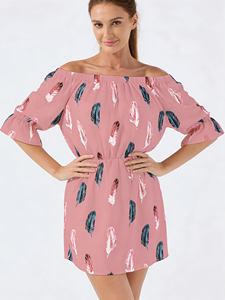 Vestido de Verano Casual para Mujer, con Hombros Descubiertos, Estampado de Plumas, Largo hasta la Rodilla, Manga con Vuelo, Cintura Elástica Natural, para la Playa o Uso Diario - Product Image 4