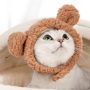 Vente en gros de couvre-chefs pour chats, casquette mignonne avec oreilles d'ours pour chats, chapeau en peluche chaud pour animaux de compagnie - Product Image 1