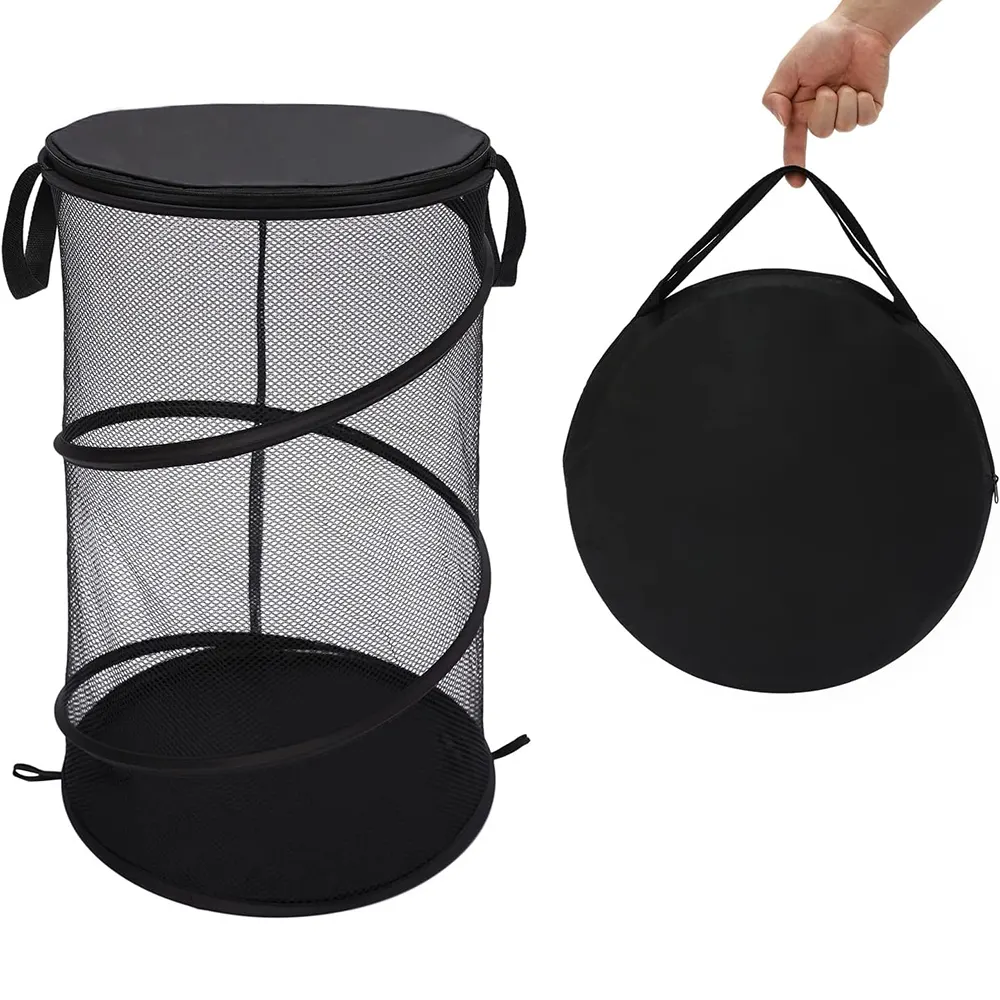 Wäsche korb Großhandel Runde Wäsche körbe Polyester Mesh Stahl Lagerung Organizer mit Deckel