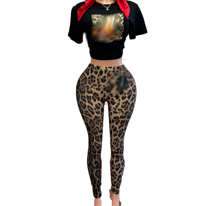 2025 Fashion Women 2 Piece Short Sleeve Top + Bodycon Leopard Legging Streetwear Two Piece Matching Outfits