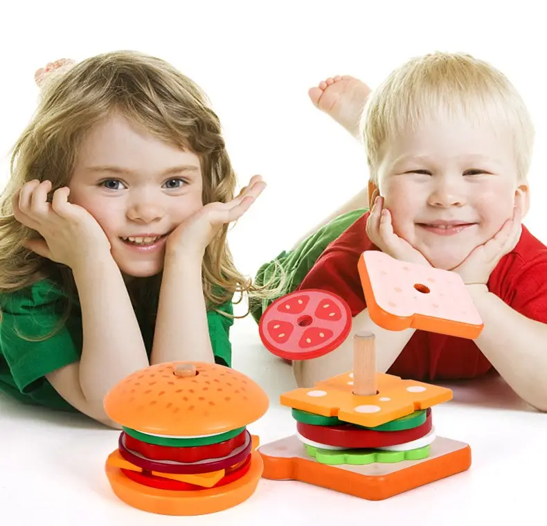 Mainan Kayu Set Makanan Bermain-Hamburger dan Sandwich Aksesori Dapur Pendidikan Awal Permainan Berpura-pura Mengasuh Anak