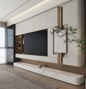 Meuble TV flottant moderne en bois personnalisable avec étagères ouvertes pour appareils intelligents et articles de décoration de salon - Product Image 1