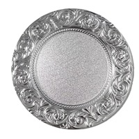 Assiettes de présentation rondes en plastique gaufré argenté pour mariages, banquets et événements