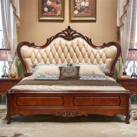 Lit king-size en bois massif de style européen Santafy, dossier de style américain, écologique, luxe classique, sculpté, antique foncé