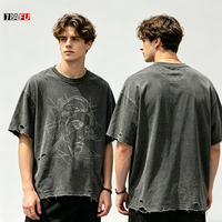 Kaos Pria 280gsm Model Boxy Oversize 100% Katun Mock Neck Baggy Vintage Distressed untuk Pria Grosir Custom Logo