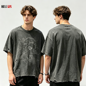 Men's T-Shirts 280gsm Boxy T-shirt Oversized 100% Cotton Mock Neck Baggy Vintage Distressed <strong>Tshirts</strong> for Men Bulk Custom Logo - Product Image 2